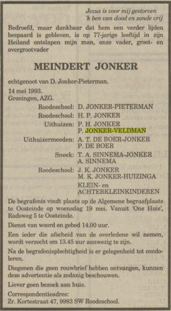 overlijdensadvertentie meindert jonker on 14 May 1993.